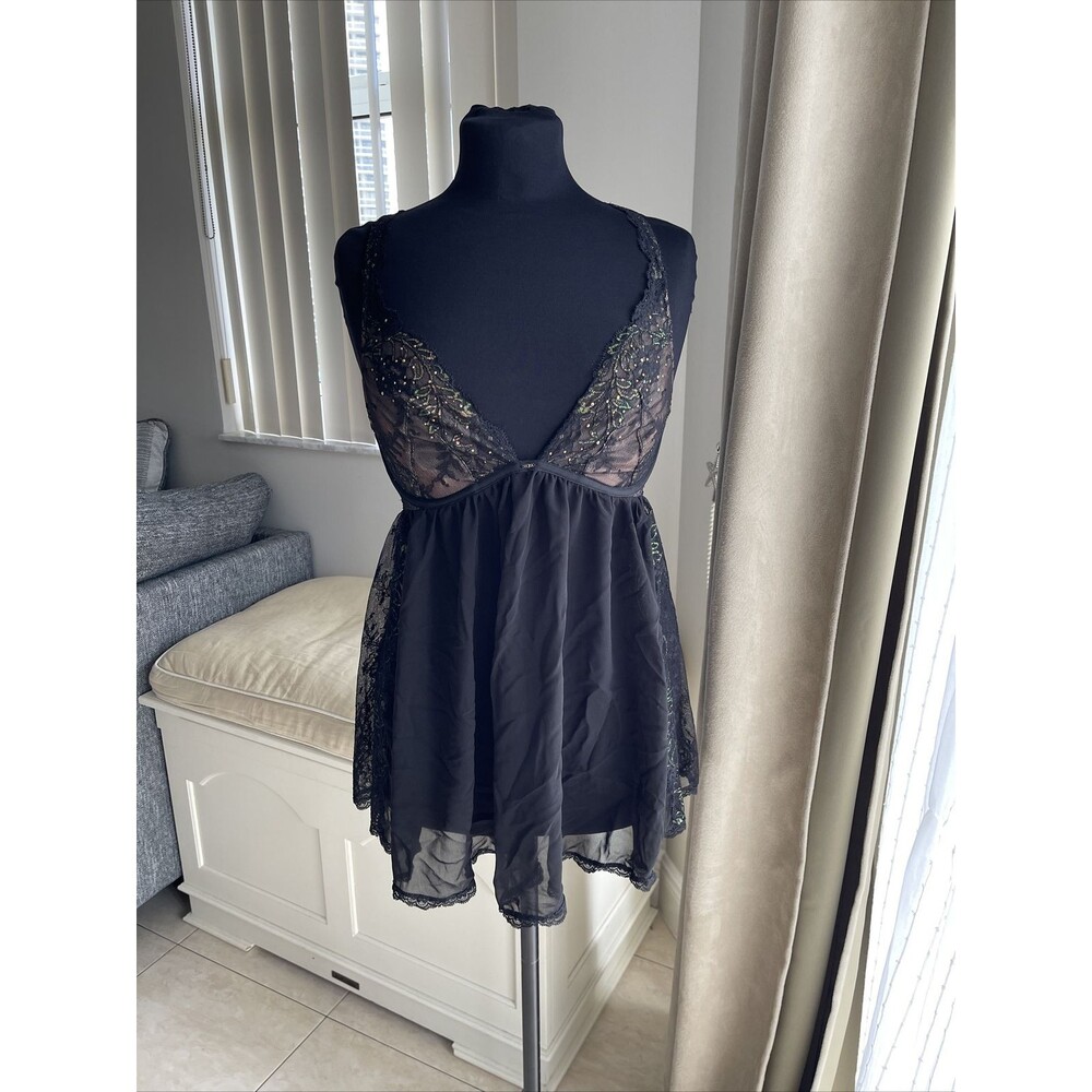 NWT Victoria's Secret Sheer Beads Lace Babydoll Nightgown Lingerie Black 34D